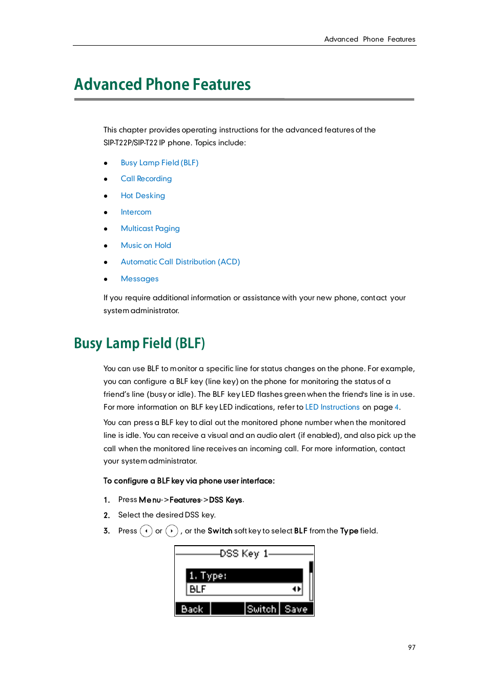 Advanced phone features, Busy lamp field (blf) | Yealink SIP-T22 User Manual | Page 109 / 146