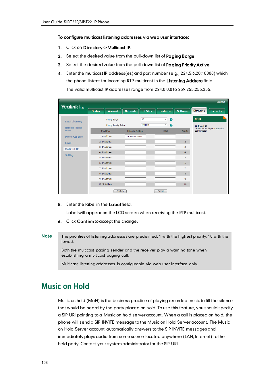 Music on hold | Yealink SIP-T22 User Manual | Page 120 / 146