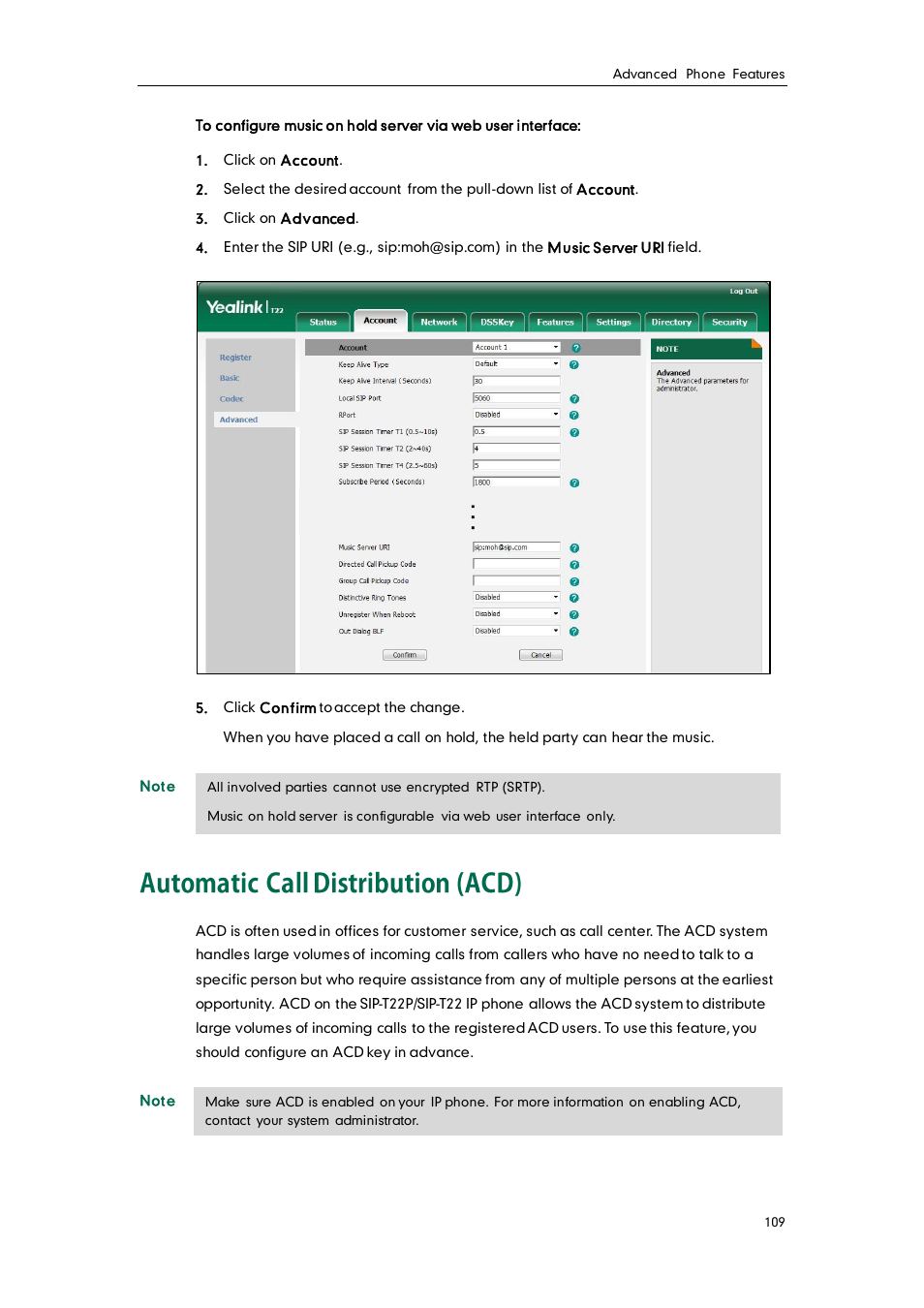 Automatic call distribution (acd) | Yealink SIP-T22 User Manual | Page 121 / 146