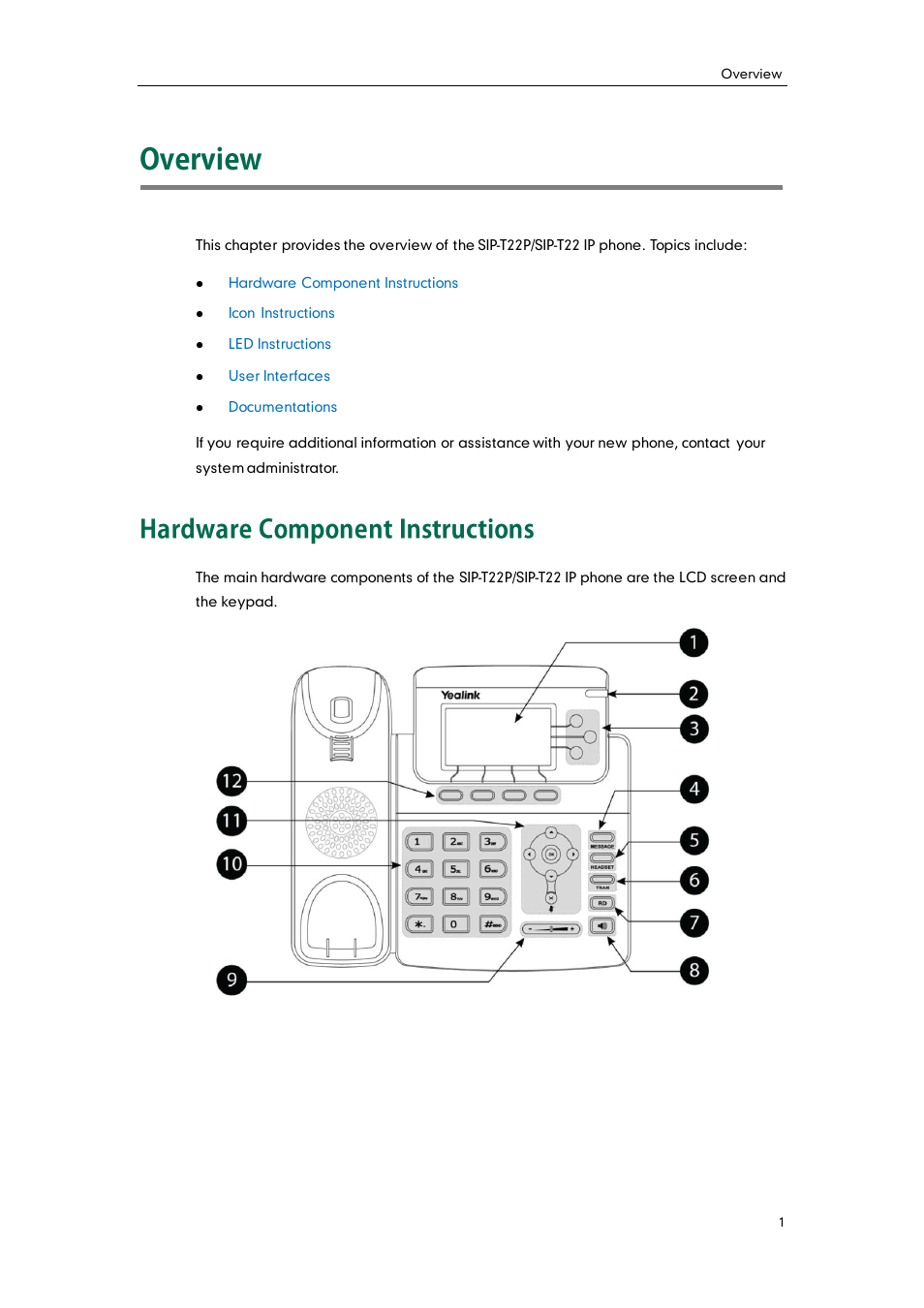 Overview, Hardware component instructions | Yealink SIP-T22 User Manual | Page 13 / 146