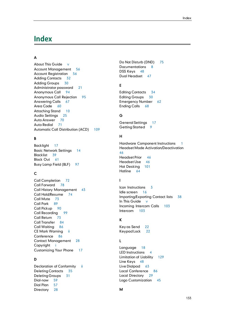 Index | Yealink SIP-T22 User Manual | Page 145 / 146