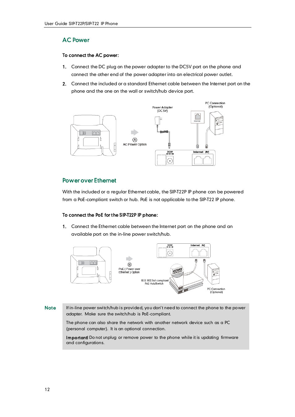 Ac power, Power over ethernet | Yealink SIP-T22 User Manual | Page 24 / 146