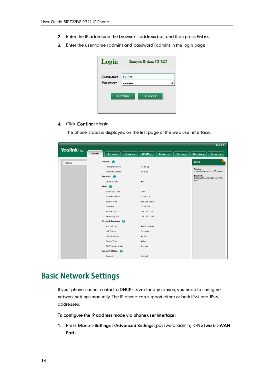 Basic network settings | Yealink SIP-T22 User Manual | Page 26 / 146