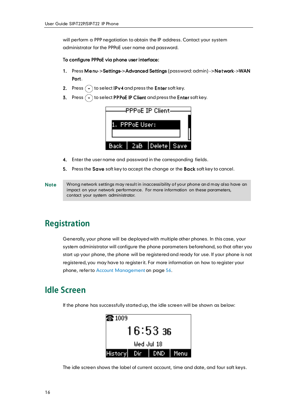 Registration, Idle screen | Yealink SIP-T22 User Manual | Page 28 / 146