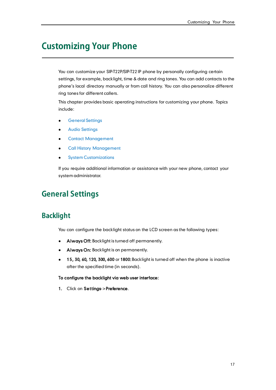 Customizing your phone, General settings, Backlight | Yealink SIP-T22 User Manual | Page 29 / 146