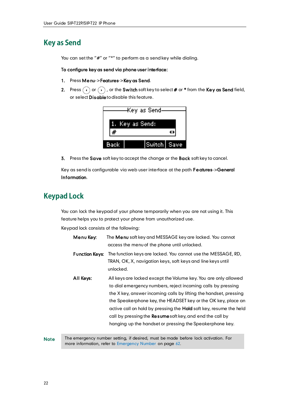 Key as send, Keypad lock | Yealink SIP-T22 User Manual | Page 34 / 146