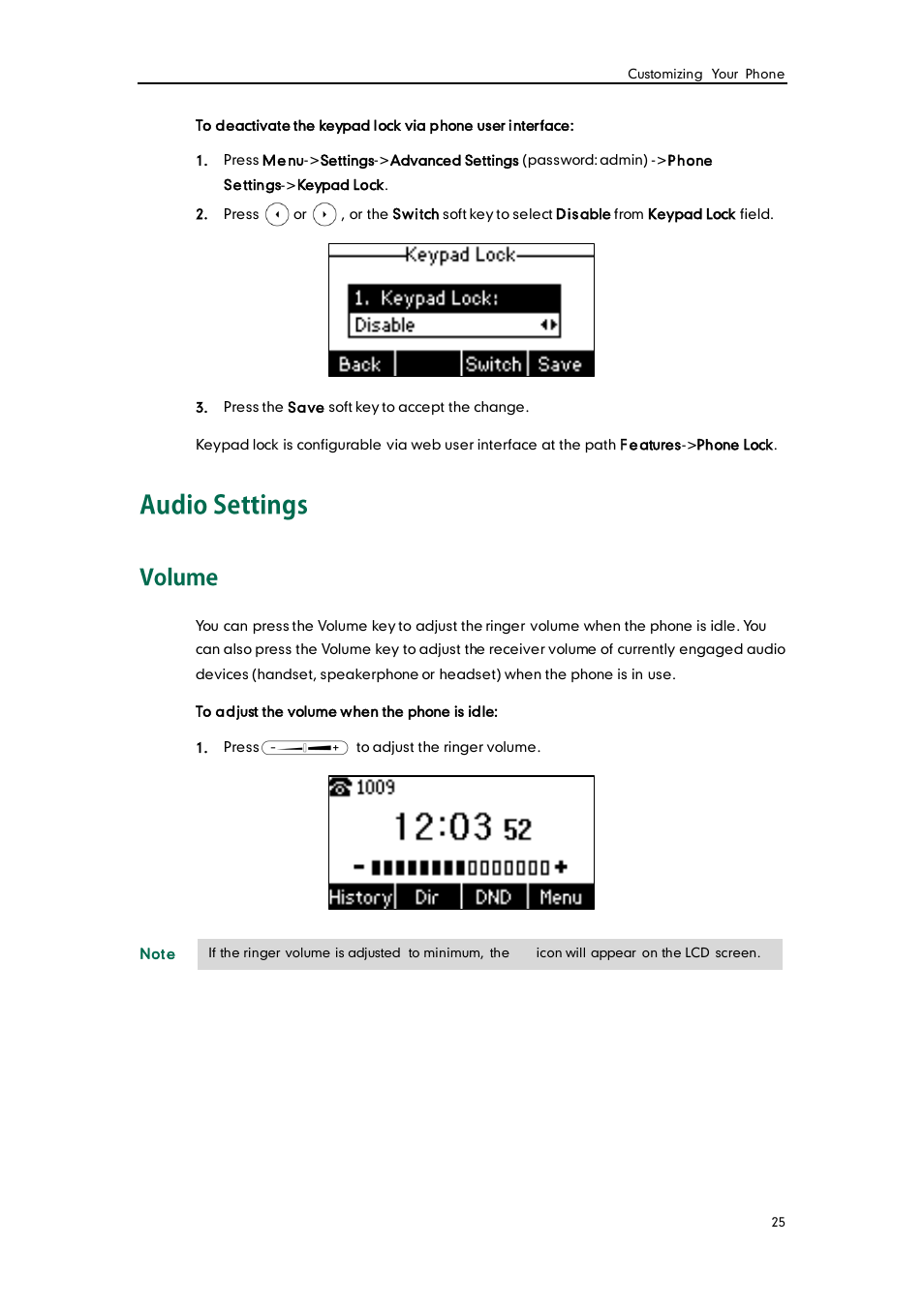 Audio settings, Volume | Yealink SIP-T22 User Manual | Page 37 / 146