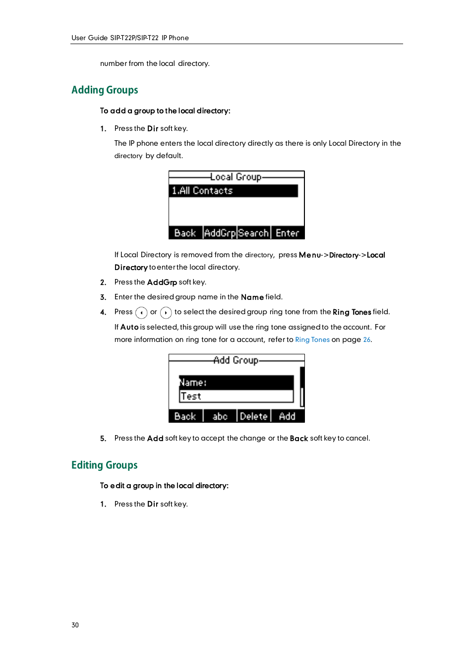 Adding groups, Editing groups | Yealink SIP-T22 User Manual | Page 42 / 146