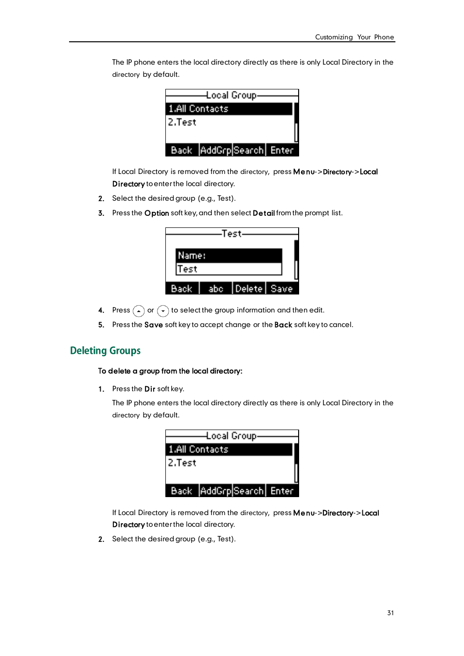 Deleting groups | Yealink SIP-T22 User Manual | Page 43 / 146