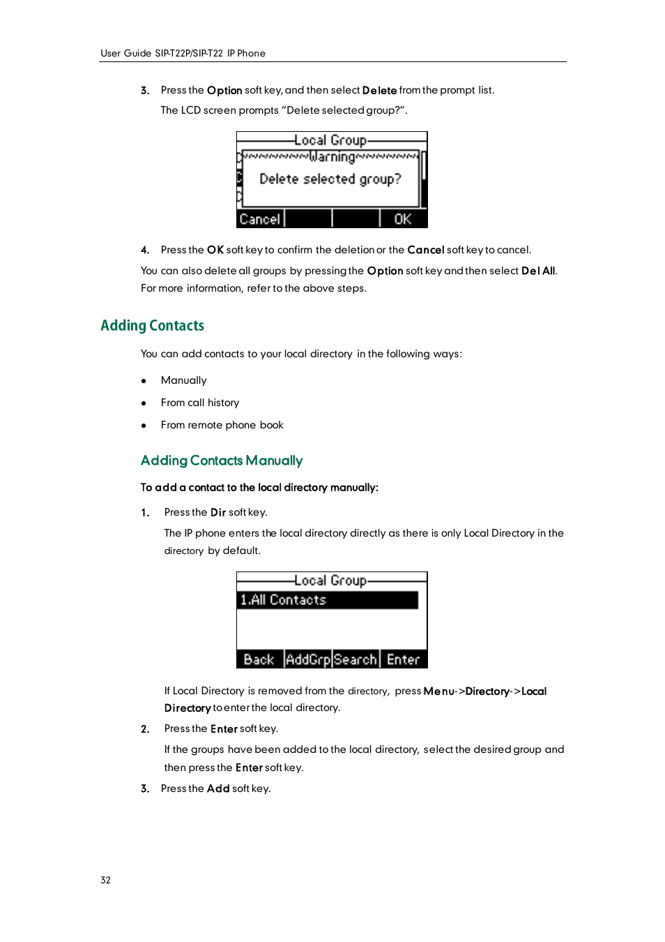 Adding contacts, Adding contacts manually | Yealink SIP-T22 User Manual | Page 44 / 146