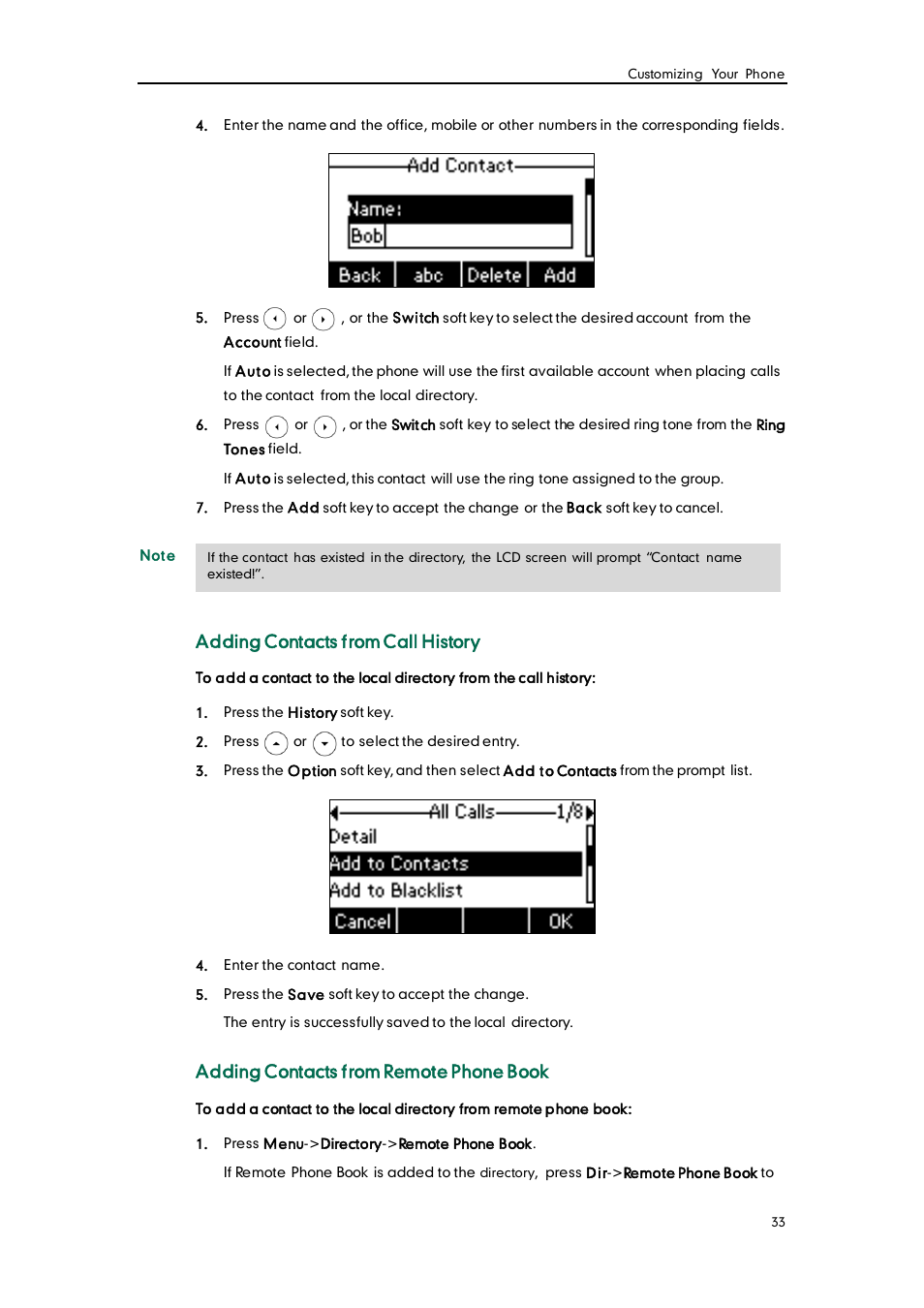 Adding contacts from call history, Adding contacts from remote phone book | Yealink SIP-T22 User Manual | Page 45 / 146
