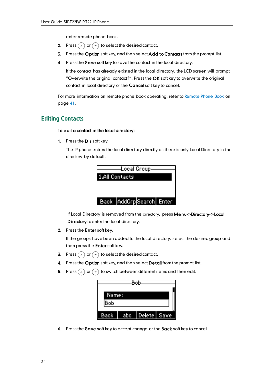 Editing contacts | Yealink SIP-T22 User Manual | Page 46 / 146