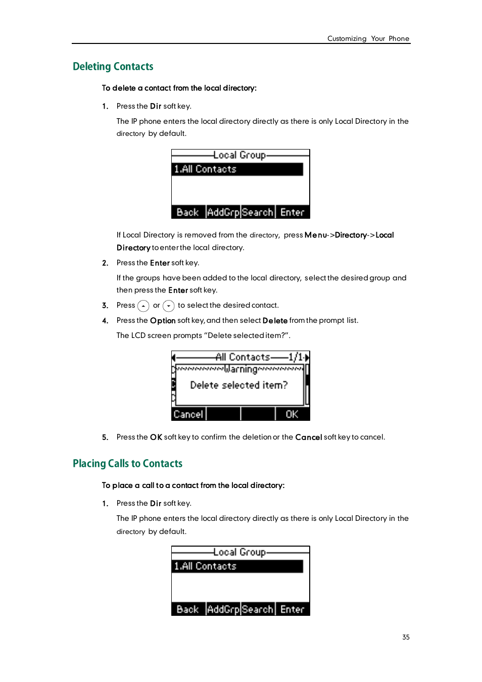 Deleting contacts, Placing calls to contacts | Yealink SIP-T22 User Manual | Page 47 / 146