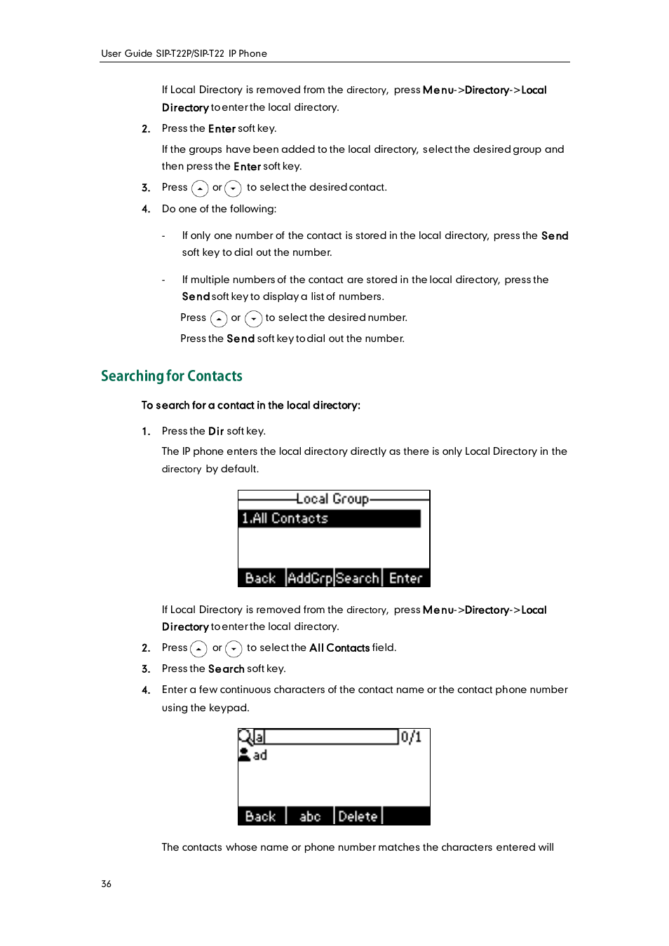 Searching for contacts | Yealink SIP-T22 User Manual | Page 48 / 146