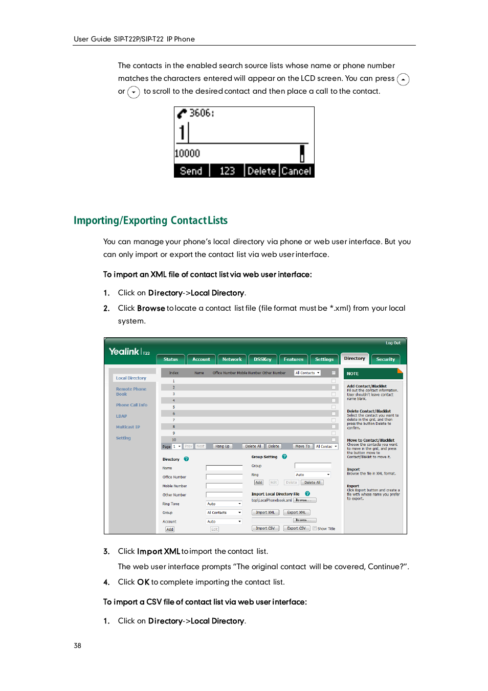 Importing/exporting contact lists | Yealink SIP-T22 User Manual | Page 50 / 146
