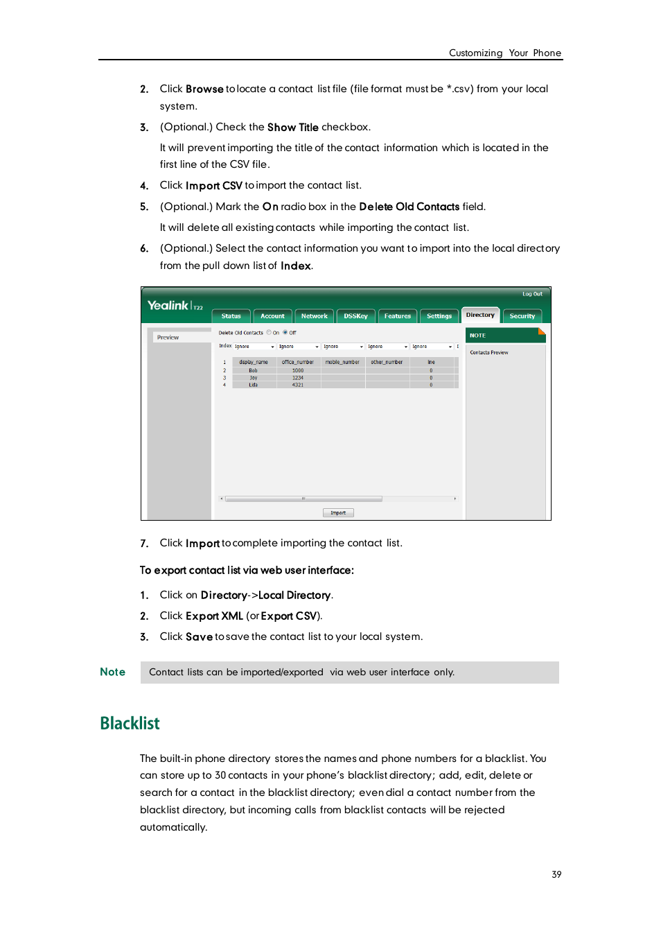Blacklist | Yealink SIP-T22 User Manual | Page 51 / 146