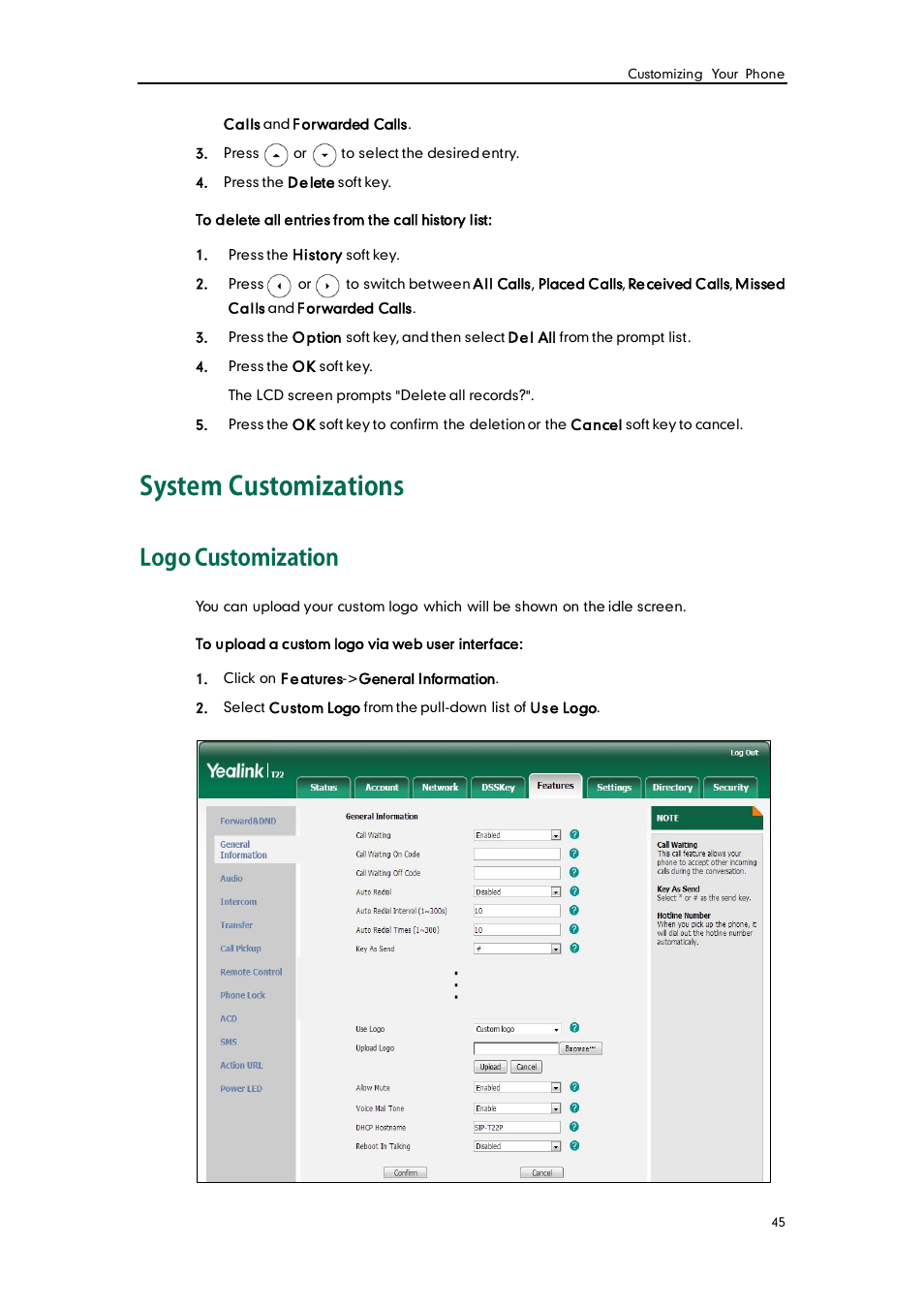 System customizations, Logo customization | Yealink SIP-T22 User Manual | Page 57 / 146