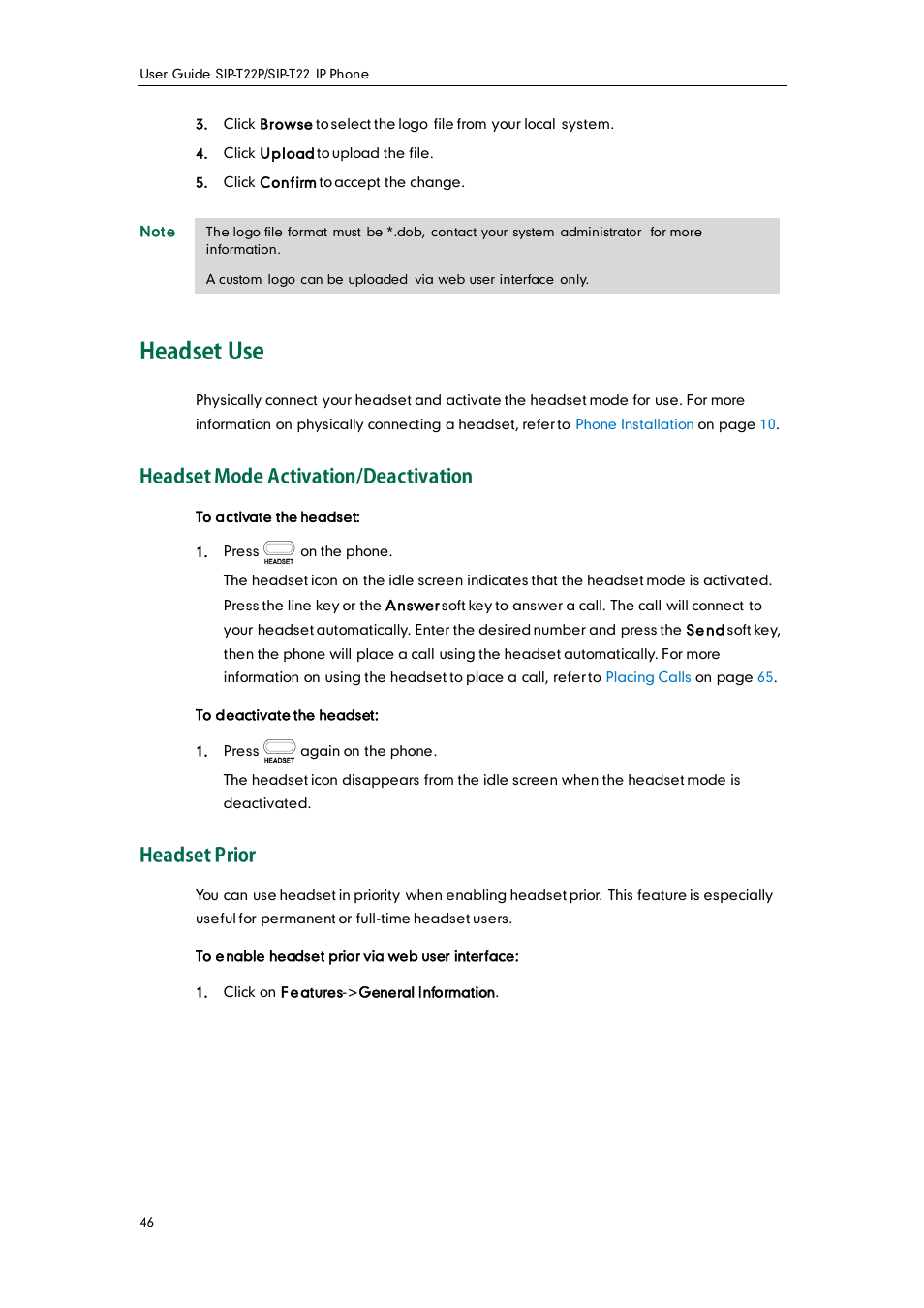 Headset use, Headset mode activation/deactivation, Headset prior | Yealink SIP-T22 User Manual | Page 58 / 146