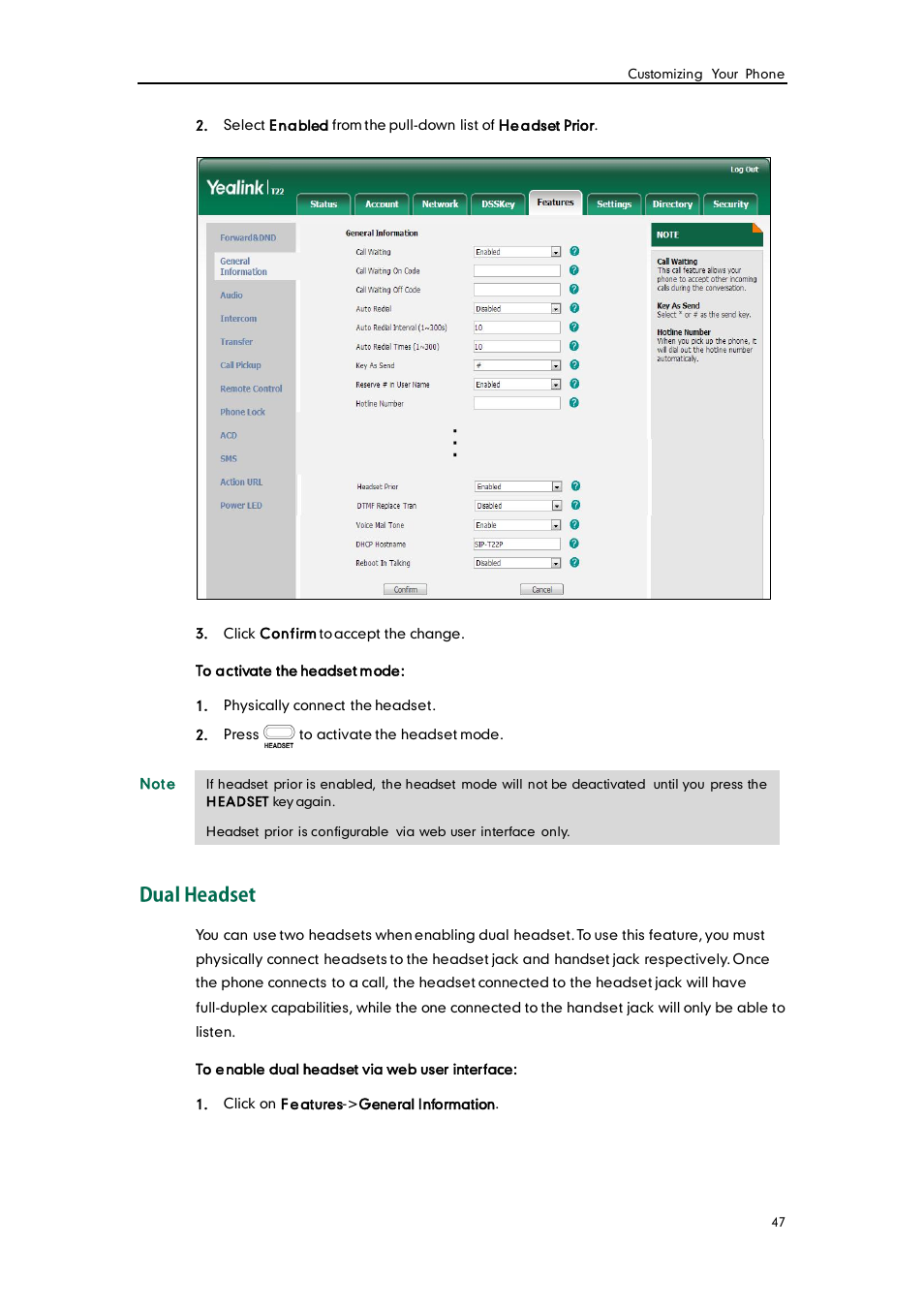 Dual headset | Yealink SIP-T22 User Manual | Page 59 / 146
