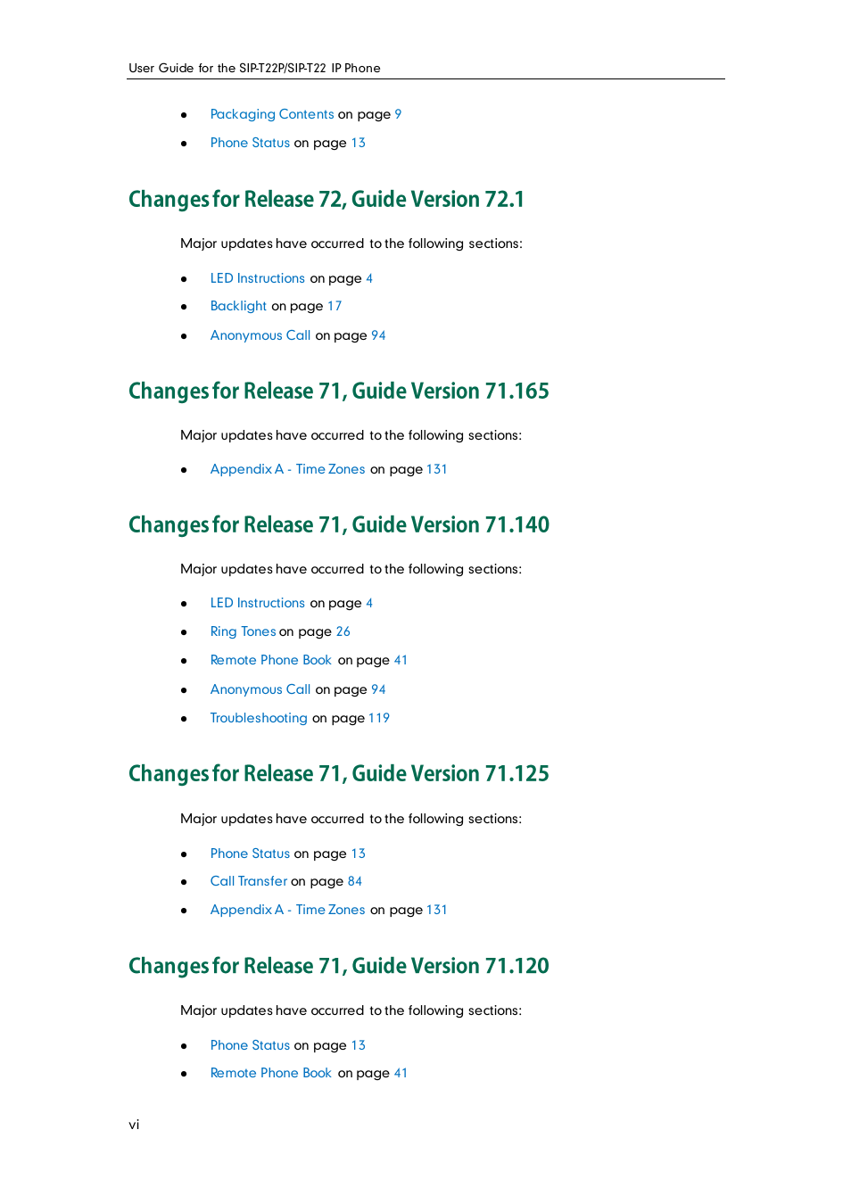 Changes for release 72, guide version 72.1, Changes for release 71, guide version 71.165, Changes for release 71, guide version 71.140 | Changes for release 71, guide version 71.125, Changes for release 71, guide version 71.120 | Yealink SIP-T22 User Manual | Page 6 / 146