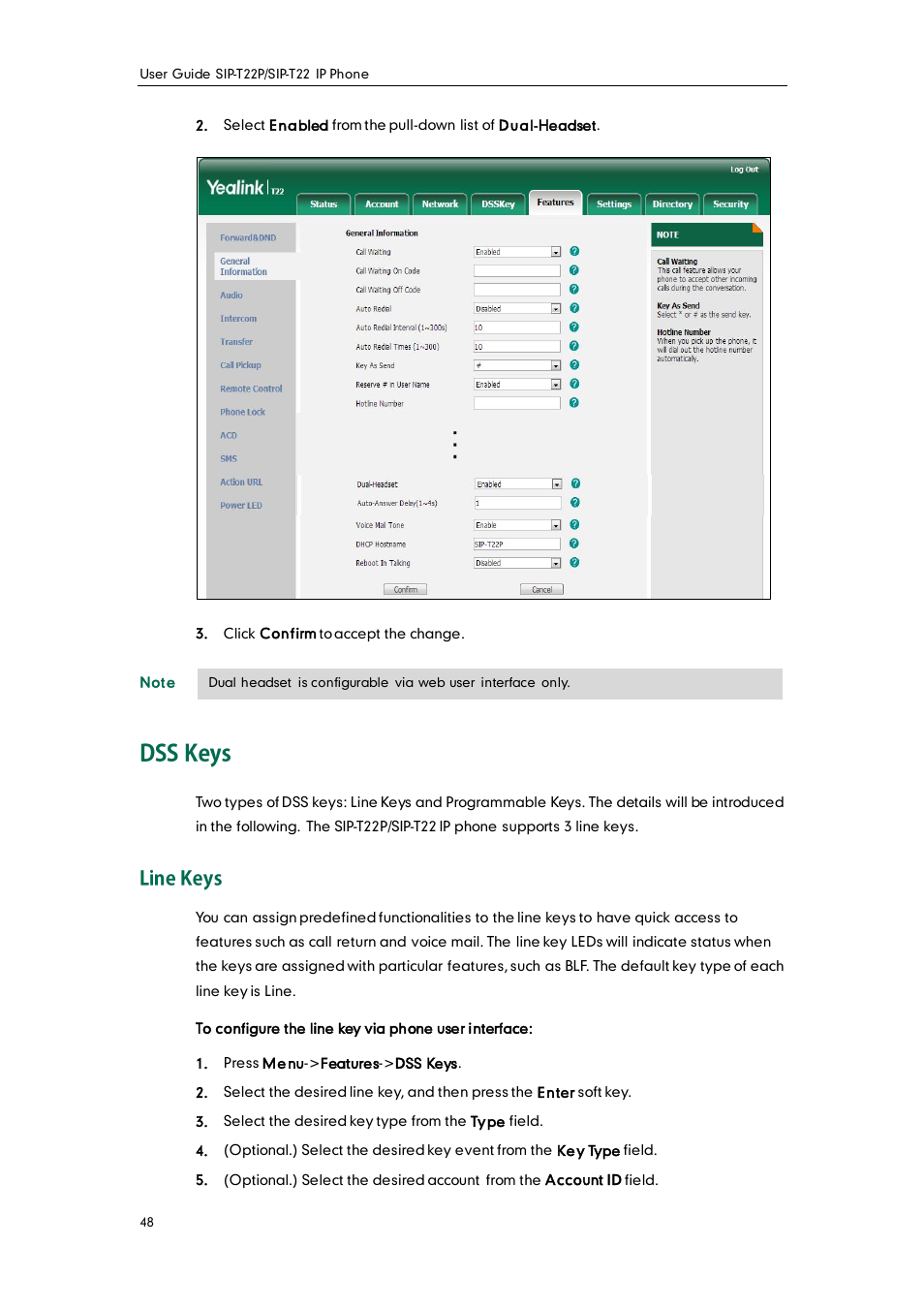 Dss keys, Line keys | Yealink SIP-T22 User Manual | Page 60 / 146