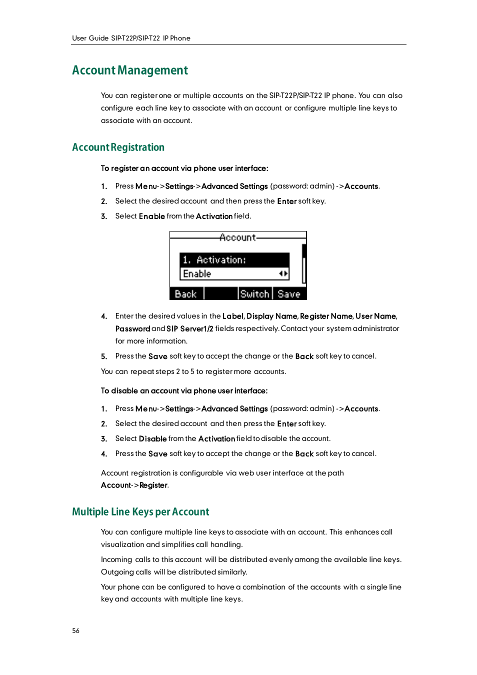 Account management, Account registration, Multiple line keys per account | Yealink SIP-T22 User Manual | Page 68 / 146