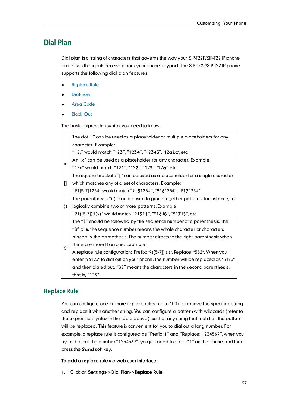 Dial plan, Replace rule | Yealink SIP-T22 User Manual | Page 69 / 146