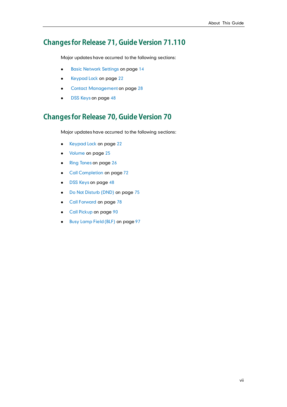Changes for release 71, guide version 71.110, Changes for release 70, guide version 70 | Yealink SIP-T22 User Manual | Page 7 / 146