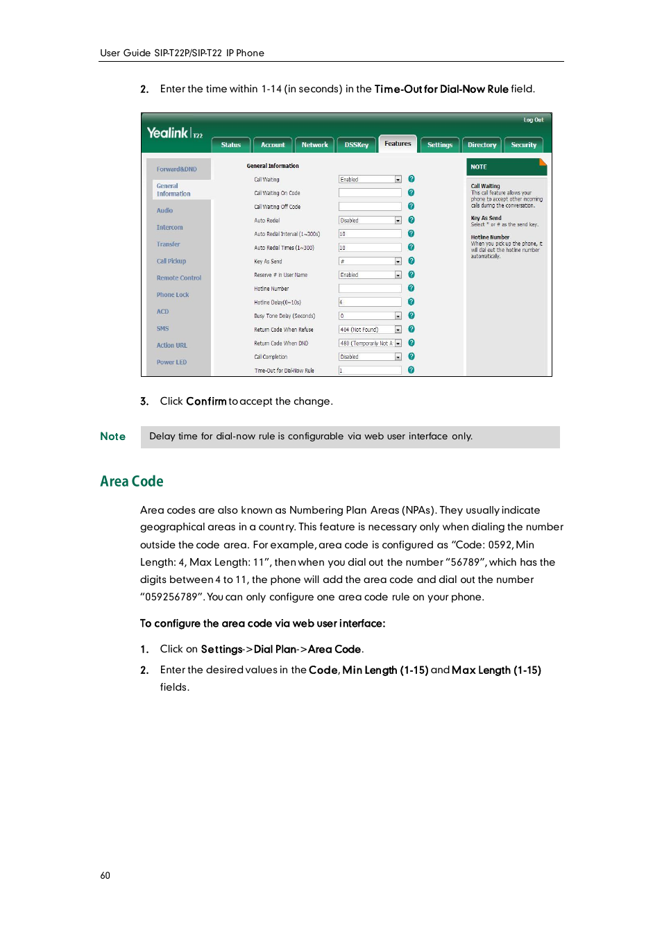 Area code | Yealink SIP-T22 User Manual | Page 72 / 146