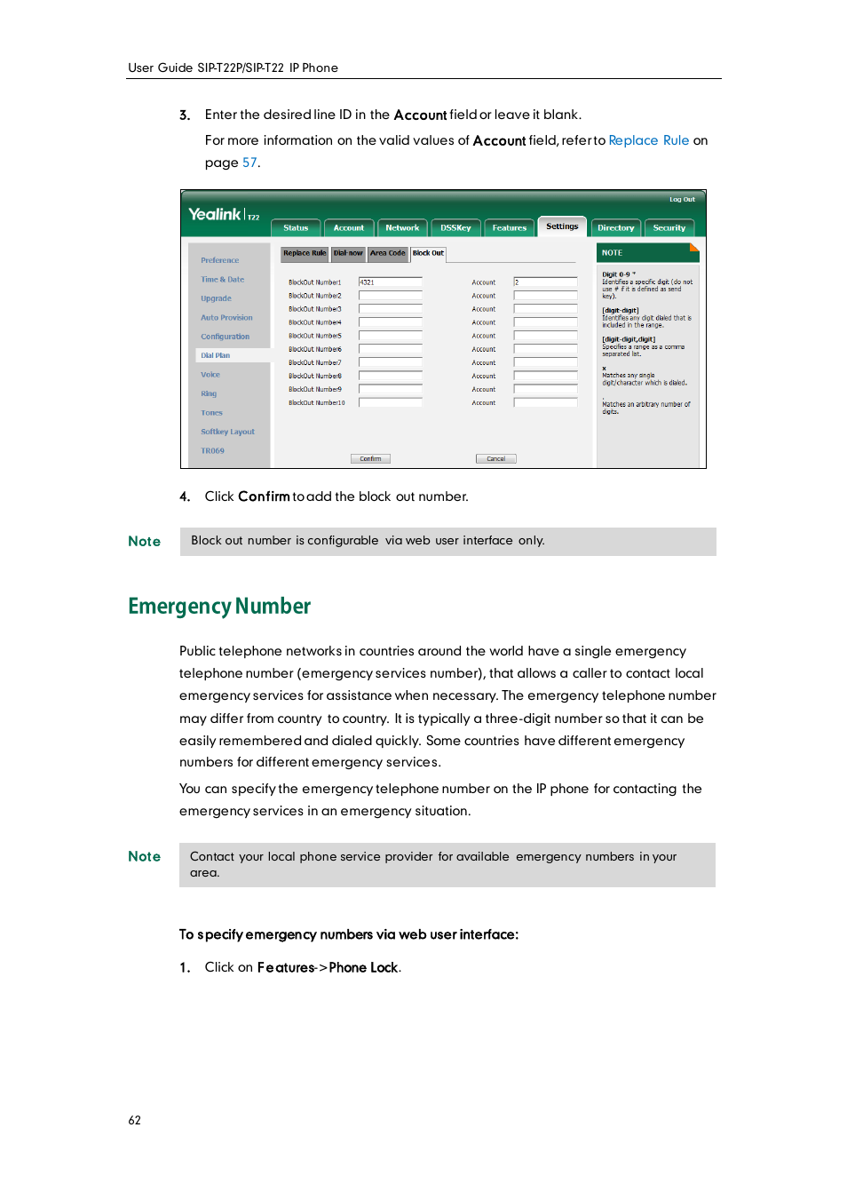 Emergency number | Yealink SIP-T22 User Manual | Page 74 / 146