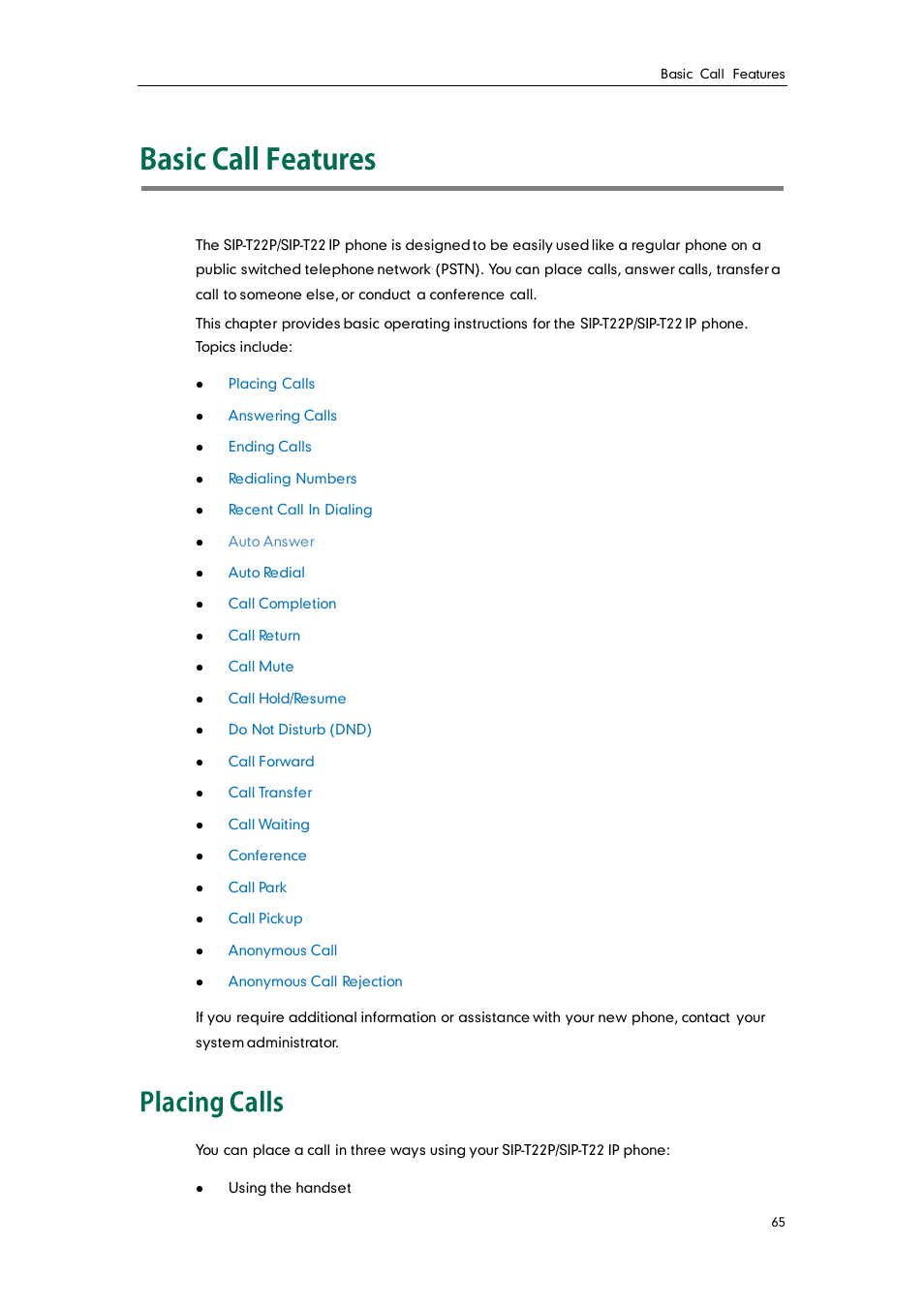 Basic call features, Placing calls | Yealink SIP-T22 User Manual | Page 77 / 146