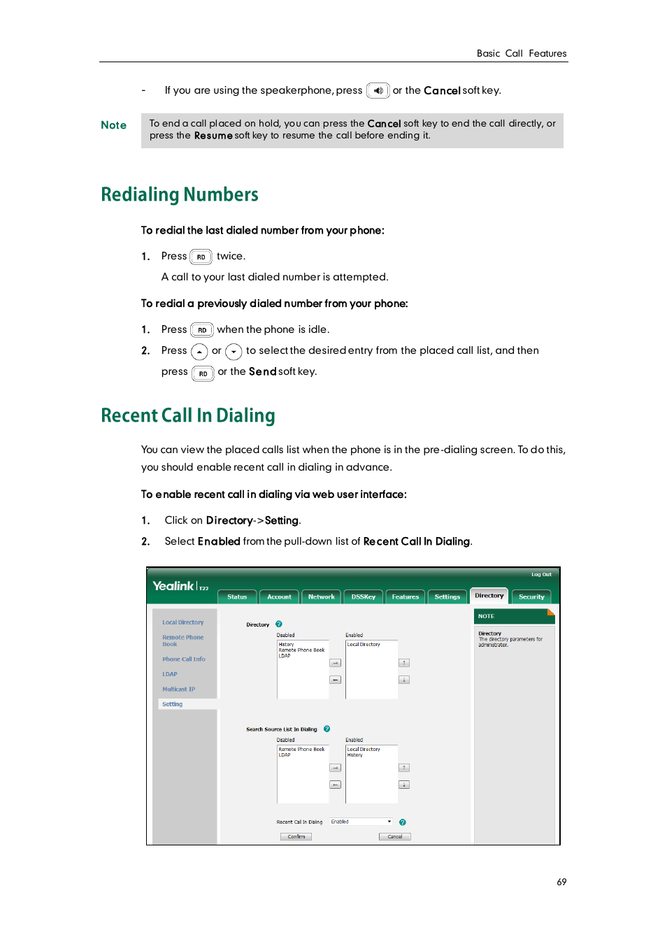 Redialing numbers, Recent call in dialing | Yealink SIP-T22 User Manual | Page 81 / 146