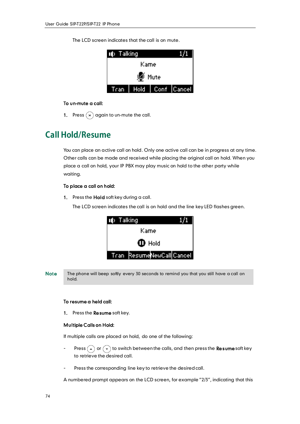 Call hold/resume | Yealink SIP-T22 User Manual | Page 86 / 146