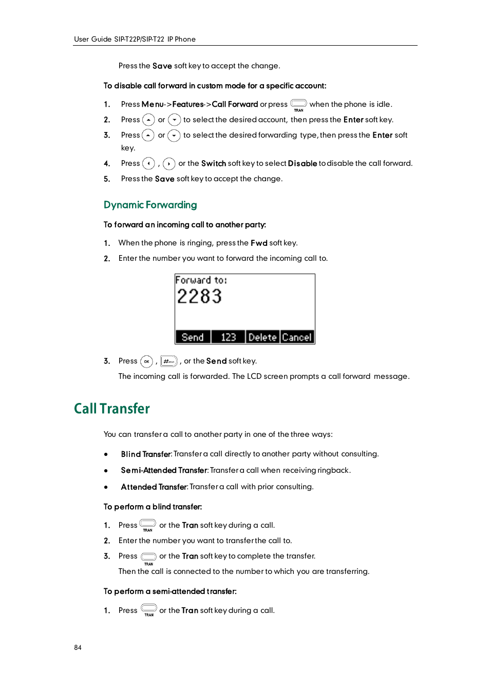 Call transfer, Dynamic forwarding | Yealink SIP-T22 User Manual | Page 96 / 146