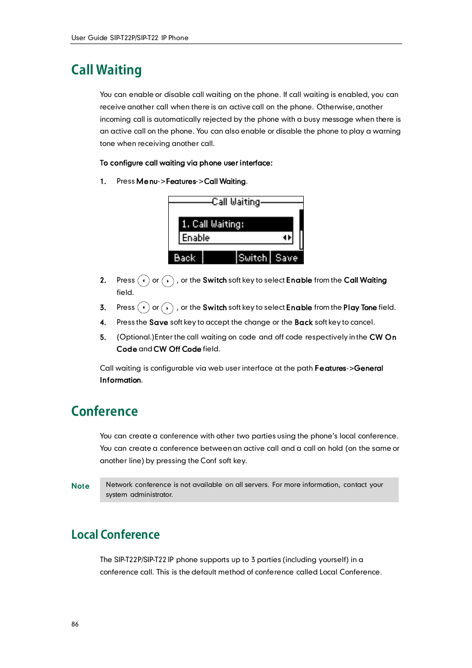 Call waiting, Conference, Local conference | Yealink SIP-T22 User Manual | Page 98 / 146