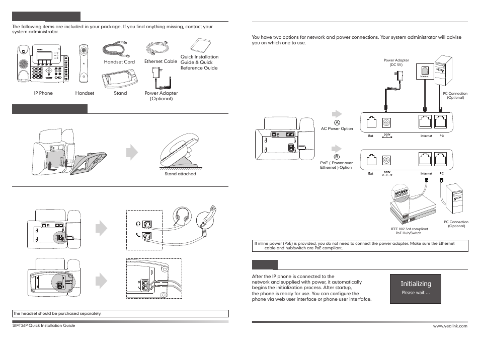 T26(2).pdf, Startup, Packaging contents assembling the phone | Initializing | Yealink SIP-T26P User Manual | Page 2 / 2