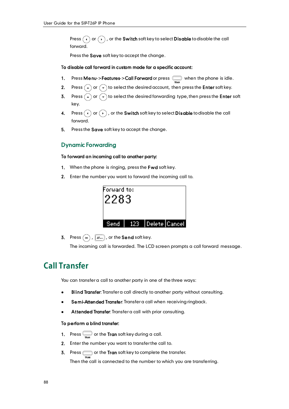 Call transfer, Dynamic forwarding | Yealink SIP-T26P User Manual | Page 100 / 150