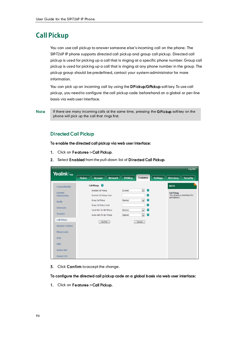 Call pickup, Directed call pickup | Yealink SIP-T26P User Manual | Page 106 / 150
