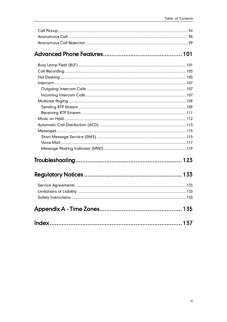 Advanced phone features, Troubleshooting, Regulatory notices | Appendix a - time zones, Index | Yealink SIP-T26P User Manual | Page 11 / 150