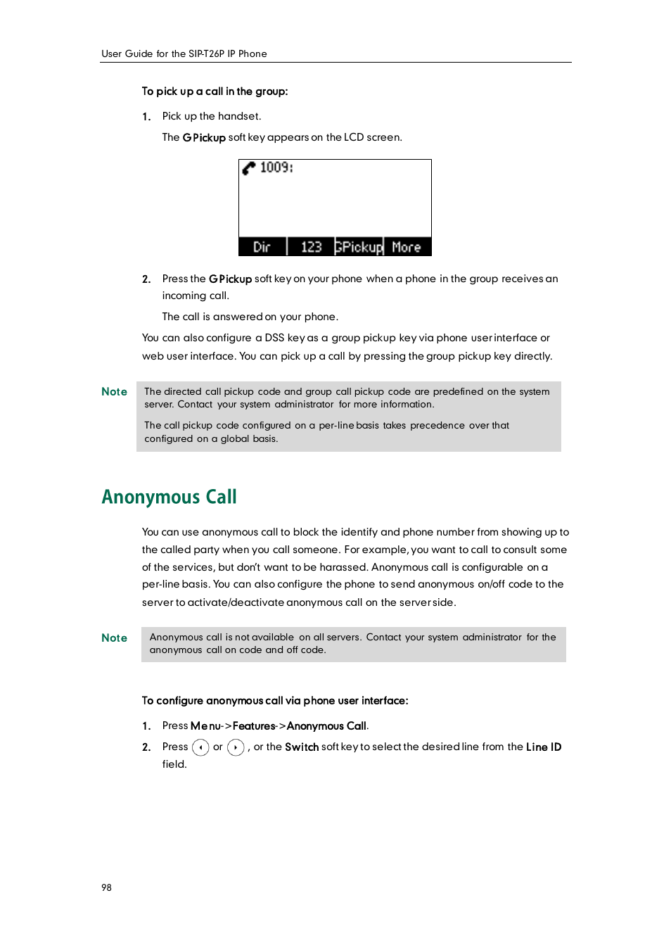 Anonymous call | Yealink SIP-T26P User Manual | Page 110 / 150