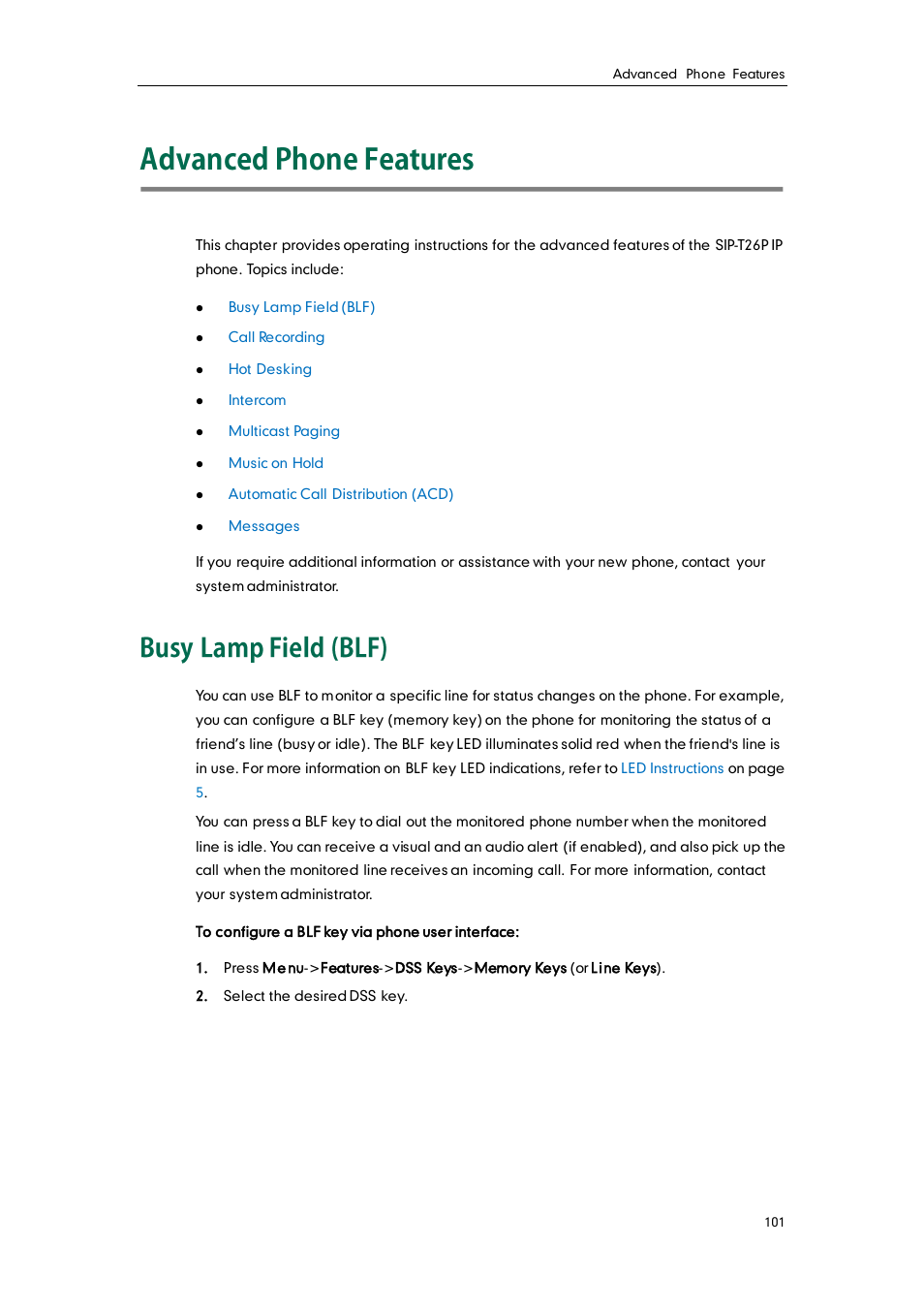 Advanced phone features, Busy lamp field (blf) | Yealink SIP-T26P User Manual | Page 113 / 150