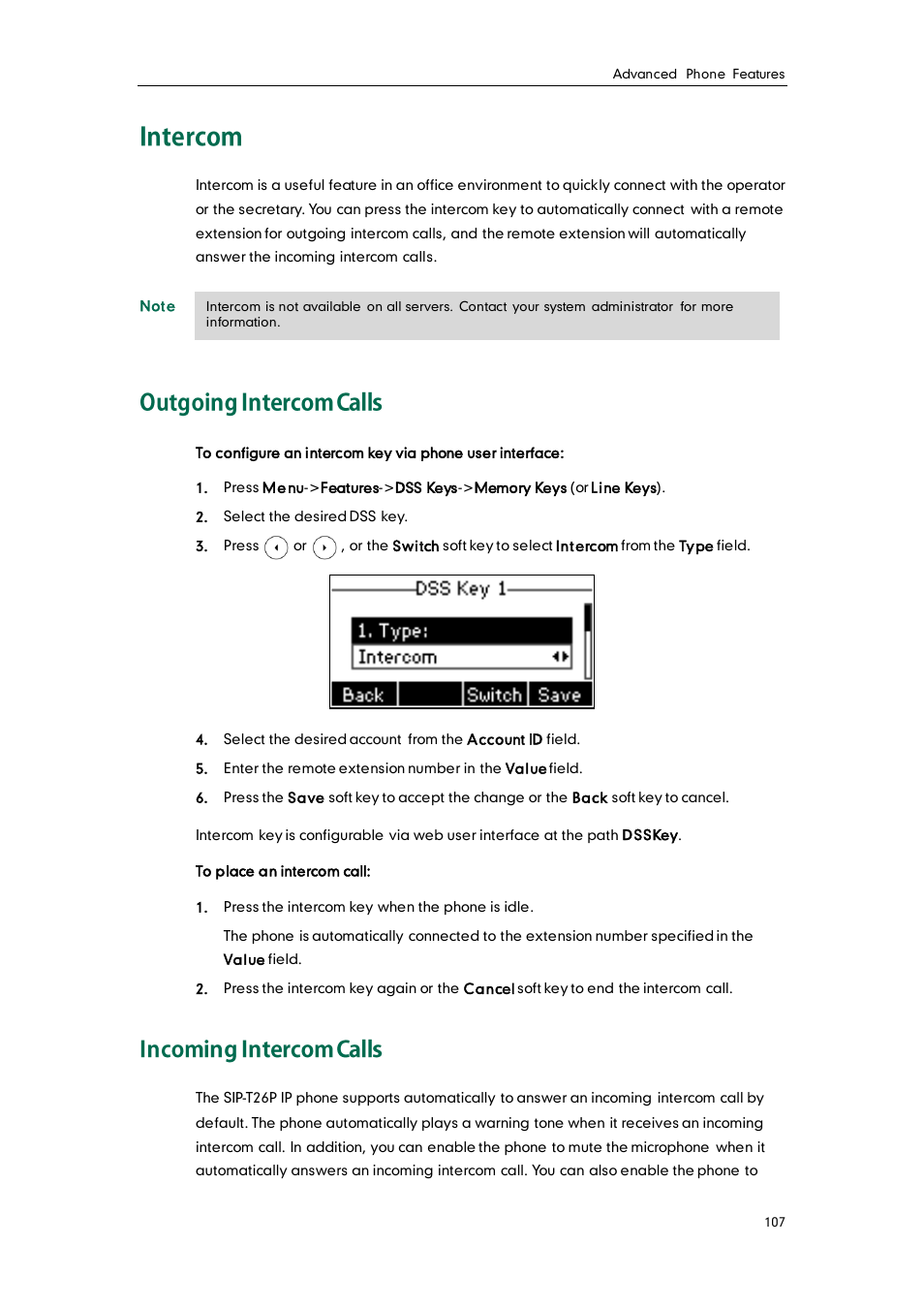 Intercom, Outgoing intercom calls, Incoming intercom calls | Yealink SIP-T26P User Manual | Page 119 / 150