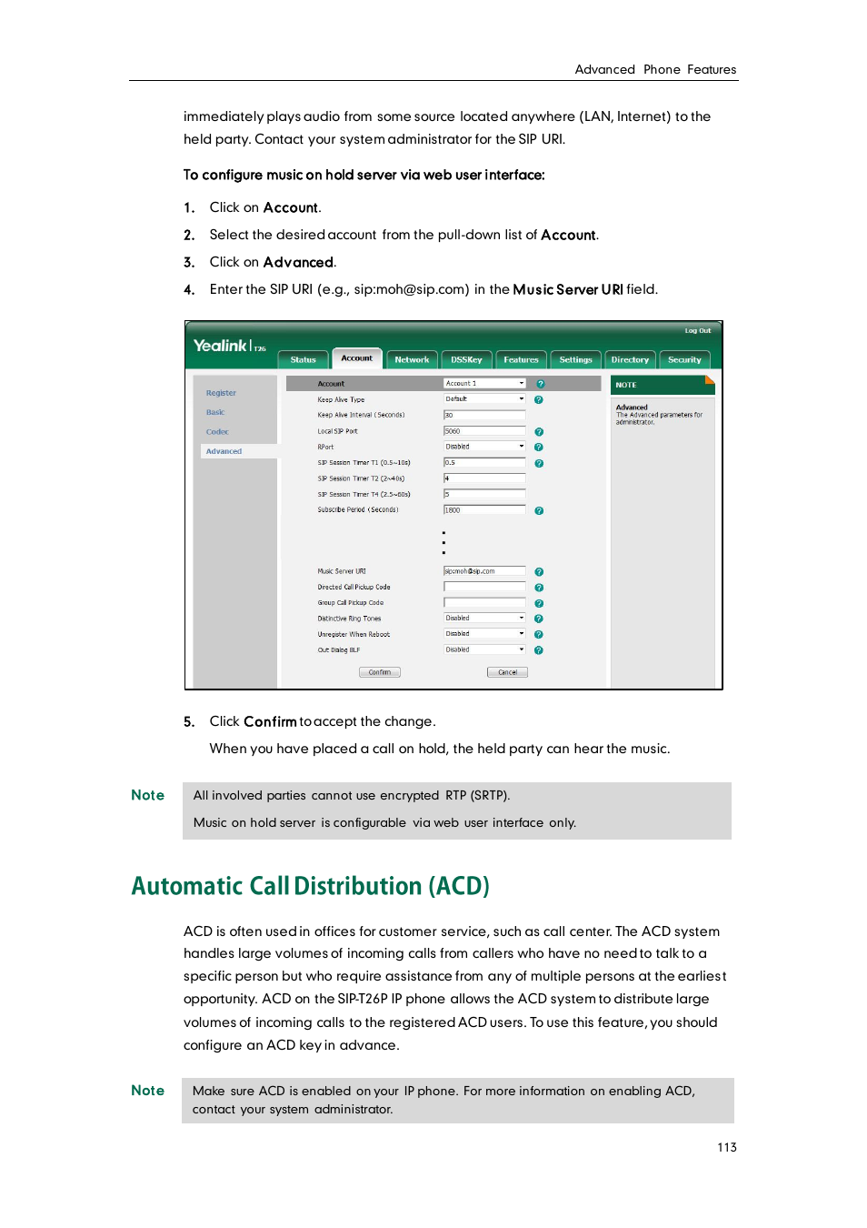 Automatic call distribution (acd) | Yealink SIP-T26P User Manual | Page 125 / 150