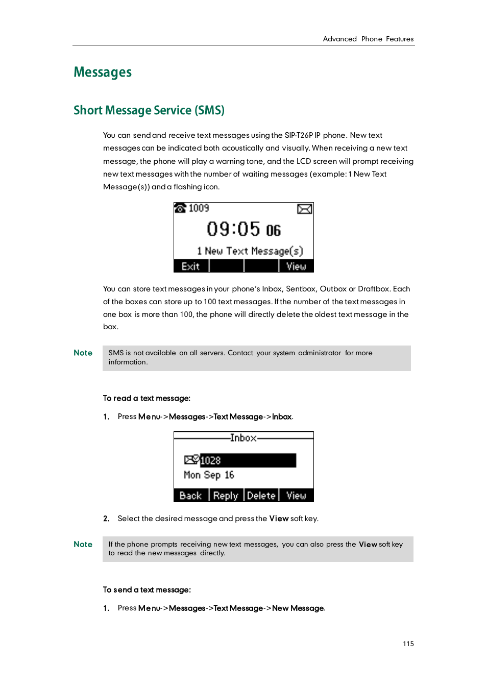 Messages, Short message service (sms) | Yealink SIP-T26P User Manual | Page 127 / 150