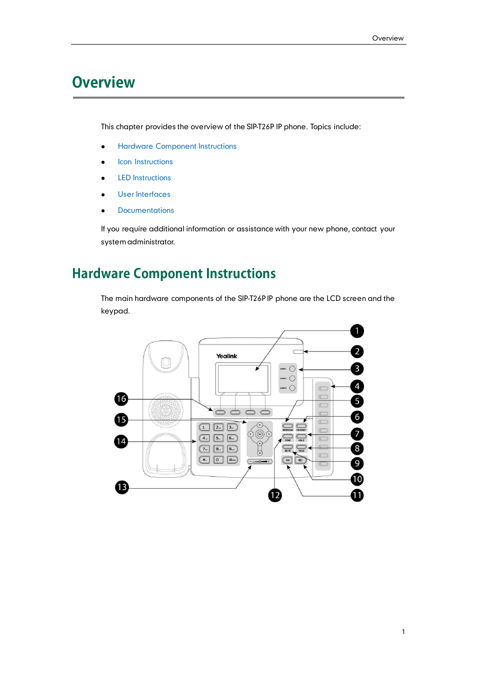 Overview, Hardware component instructions | Yealink SIP-T26P User Manual | Page 13 / 150