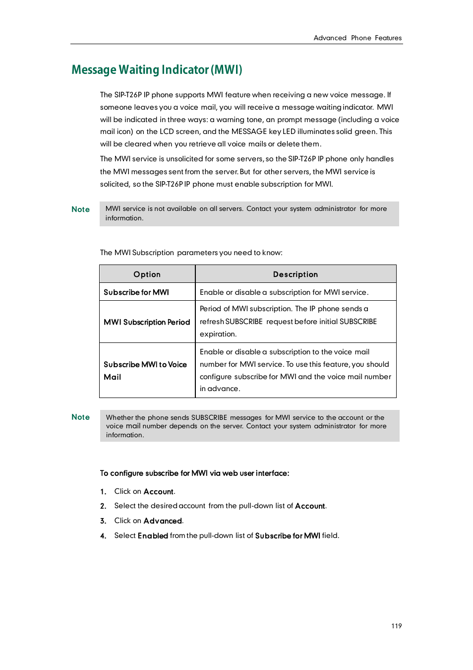 Message waiting indicator (mwi) | Yealink SIP-T26P User Manual | Page 131 / 150