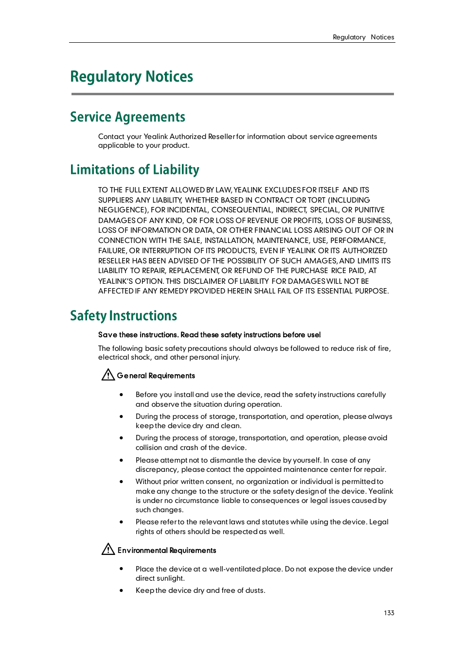 Regulatory notices, Service agreements, Limitations of liability | Safety instructions | Yealink SIP-T26P User Manual | Page 145 / 150