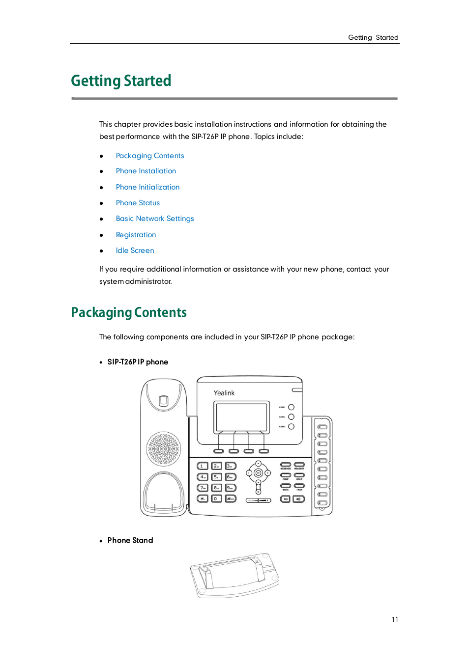 Getting started, Packaging contents | Yealink SIP-T26P User Manual | Page 23 / 150