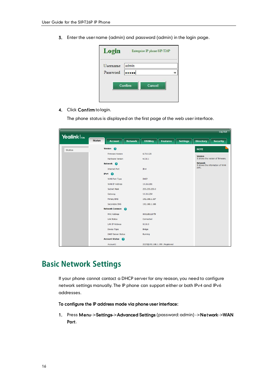 Basic network settings | Yealink SIP-T26P User Manual | Page 28 / 150