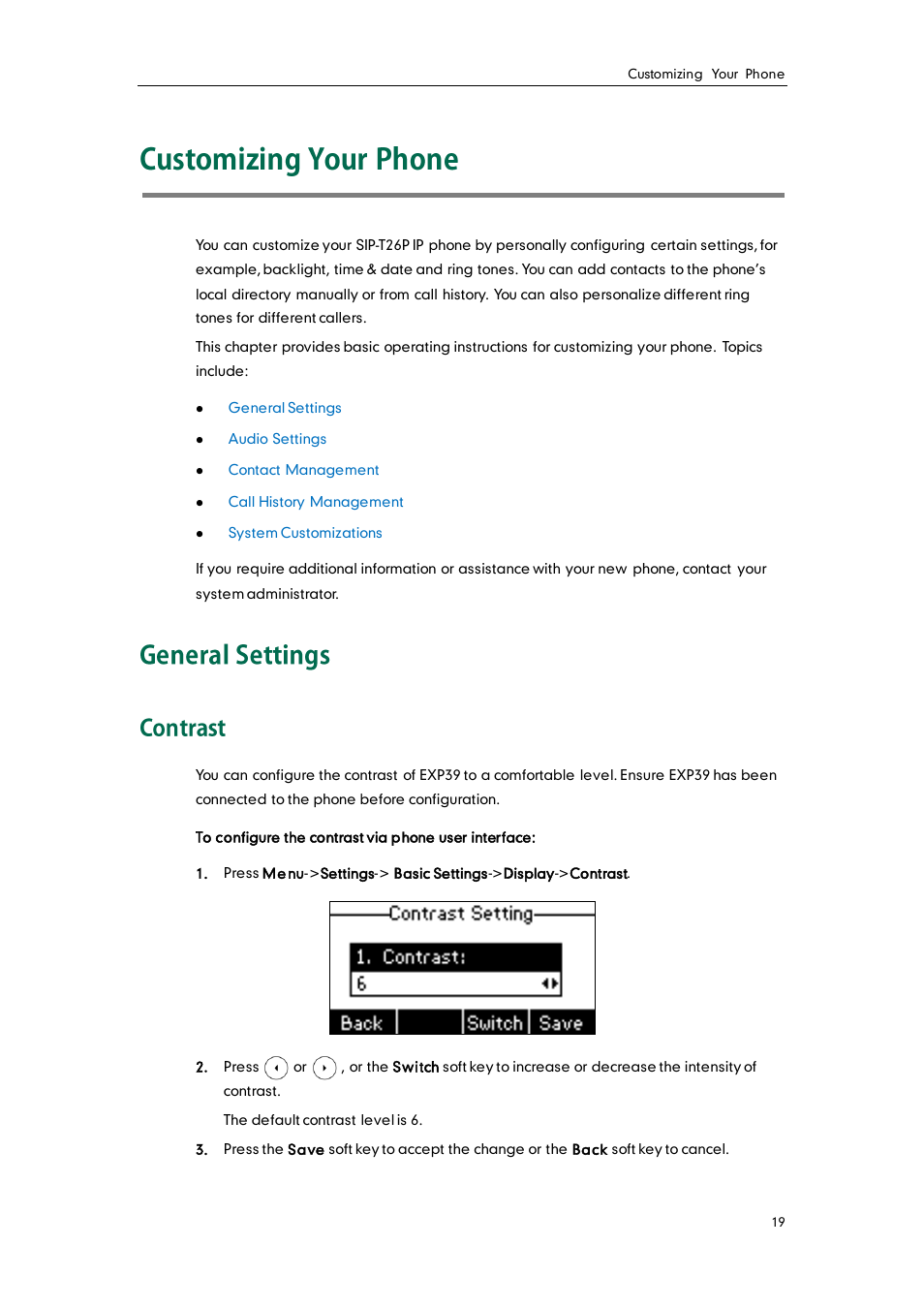 Customizing your phone, General settings, Contrast | Yealink SIP-T26P User Manual | Page 31 / 150